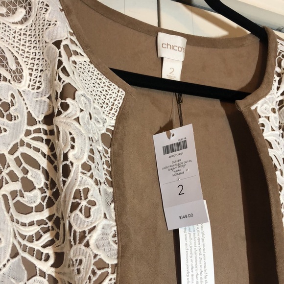 NWT Chico’s Duster Lace Faux Suede Detail 3/4 Sleeve Jacket SZ 2 - Picture 2 of 8